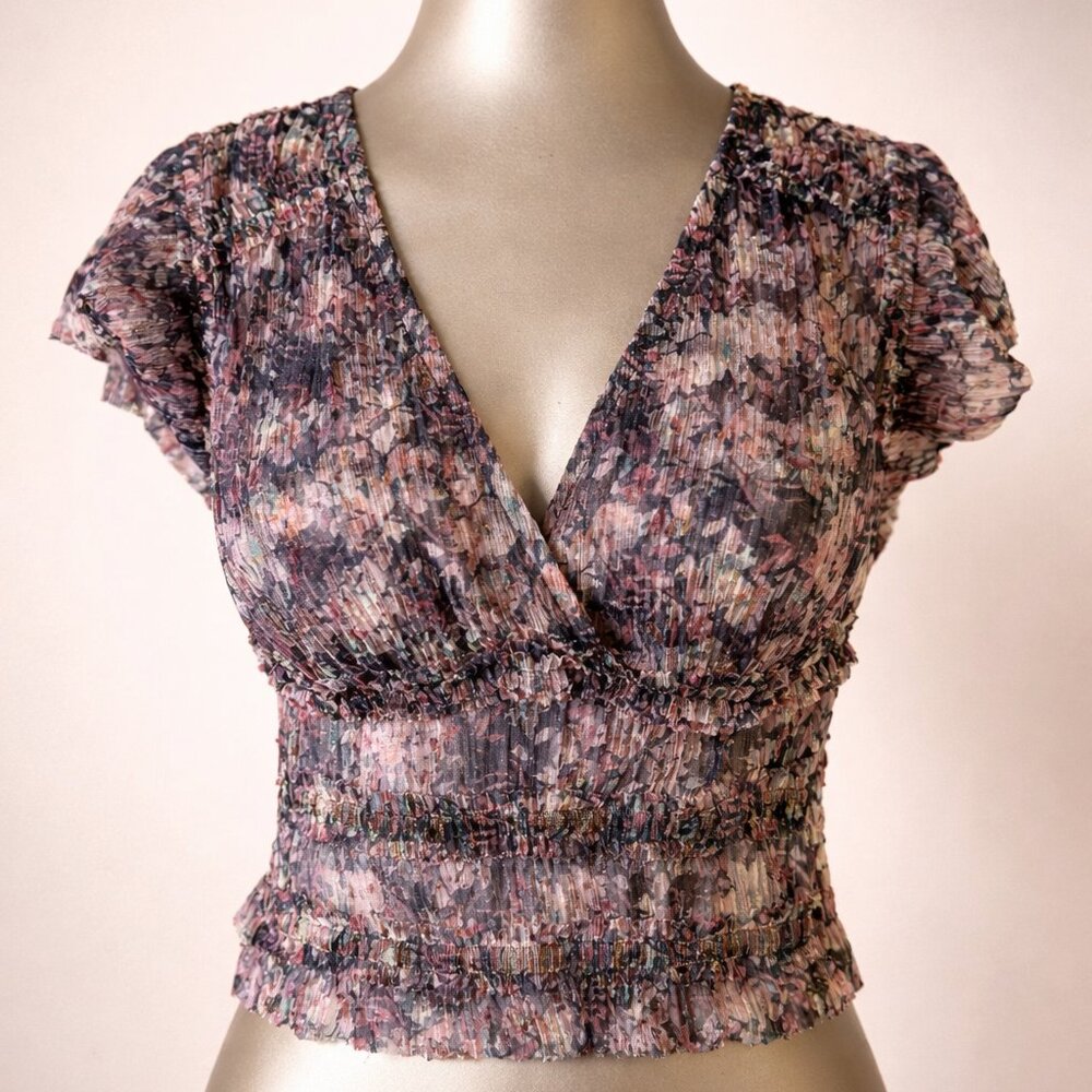 HOUSE OF HARLOW 1960 WOMEN SHORT SLEEVE SHIMMER CROP TOP - XS